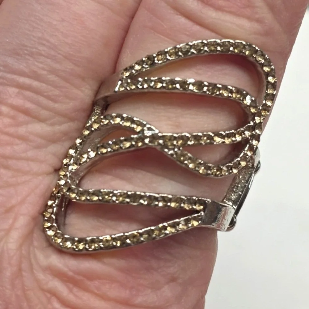 New Rhinestone Statement Ring Silver Tone Gold Stretch Band Wavy Layer Cocktail‎